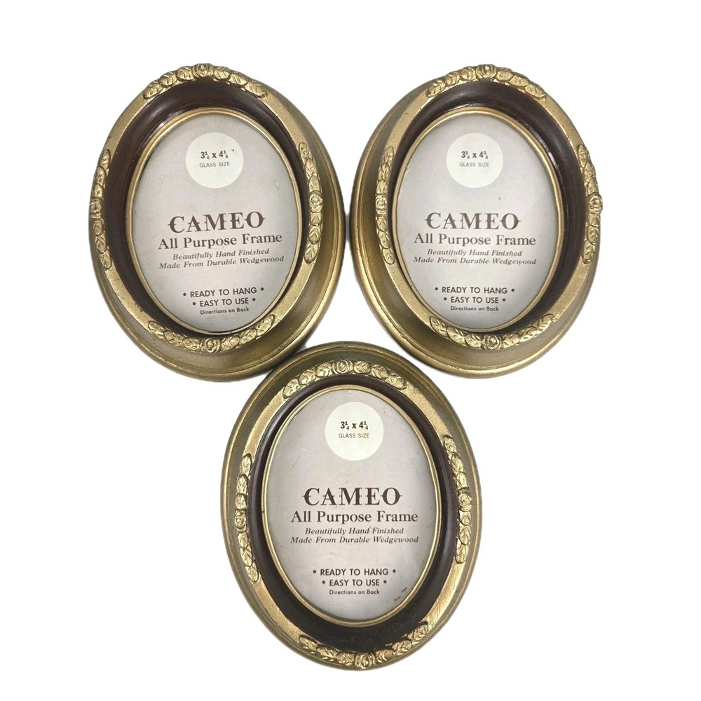 Lot of 3 Cameo Art Deco Gold Wedgewood Oval‎ Hanging Picture Frames 3.25x4.25"